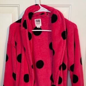 PINK Plush Polka Dot Robe - Hot Pink with Black Dots
